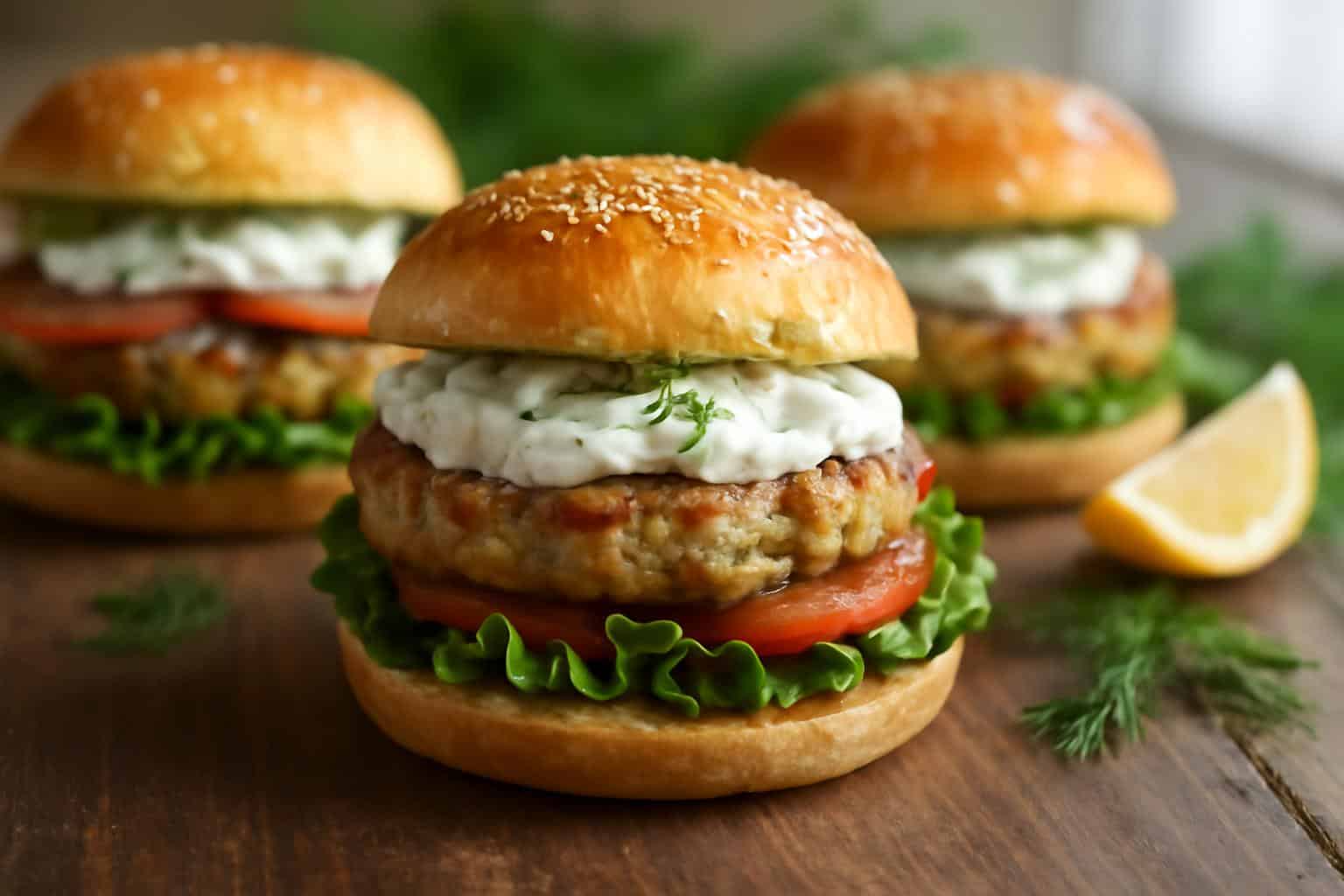 Greek chicken burgers topped with creamy tzatziki sauce and fresh garnishes