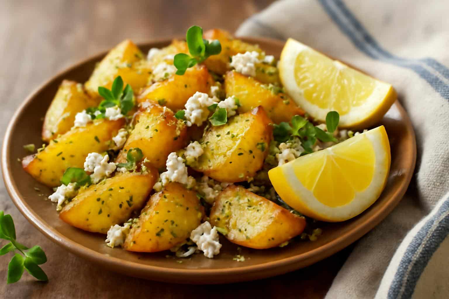 Golden Greek roast potatoes with lemon and crumbled feta cheese garnished with fresh herbs