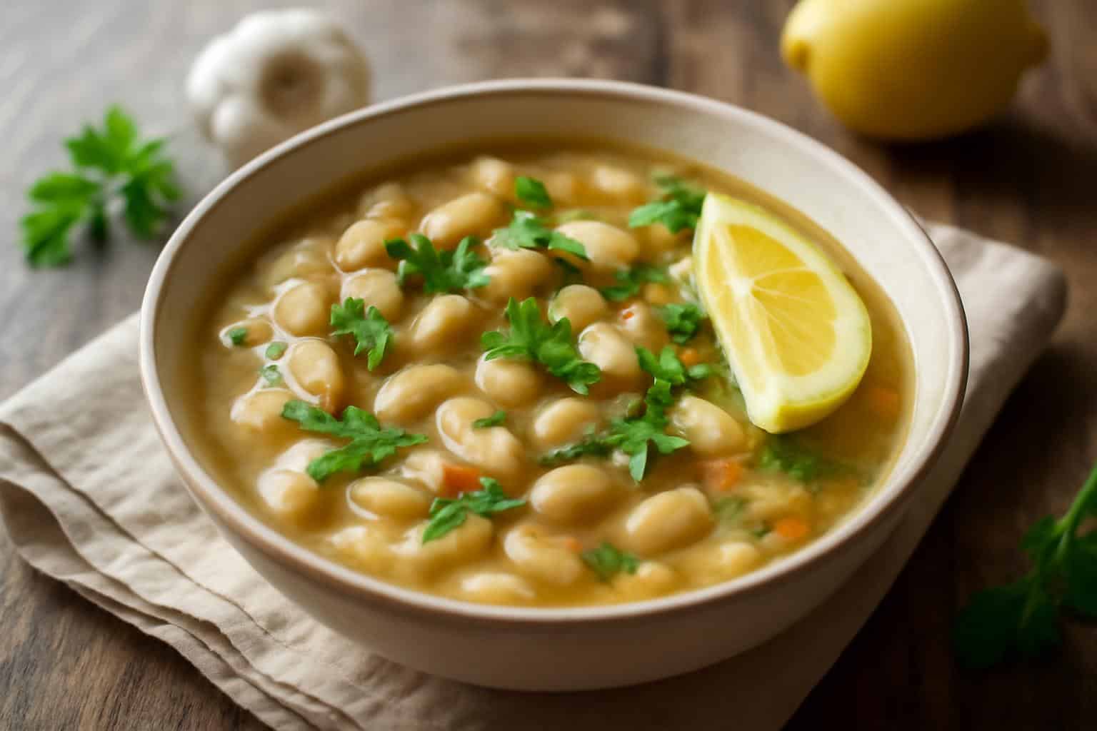 Greek white bean soup with garlic and lemon garnished with parsley and lemon wedge