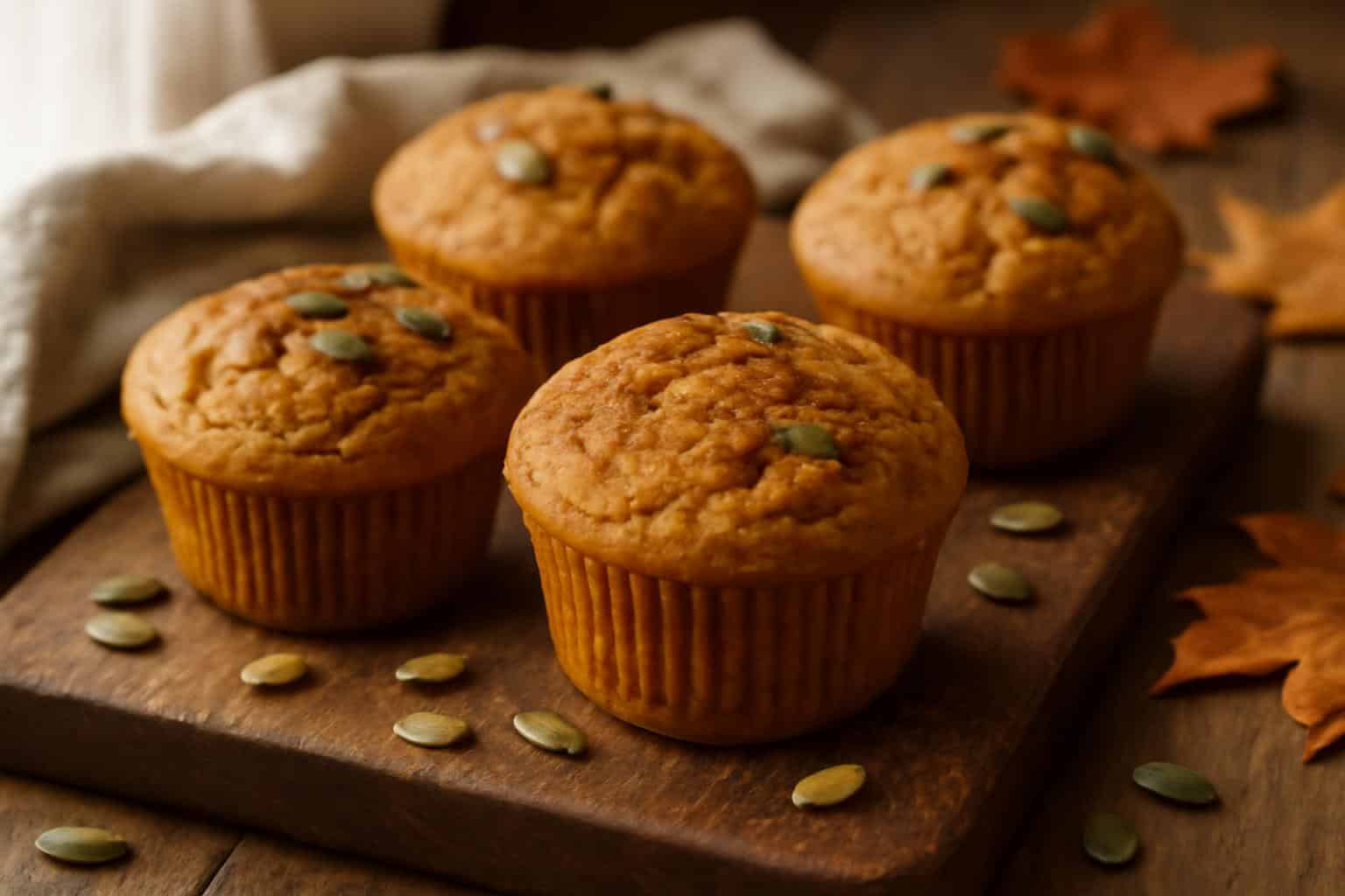 Moist Greek yogurt pumpkin muffins fresh from the oven with cinnamon and pumpkin seed garnish