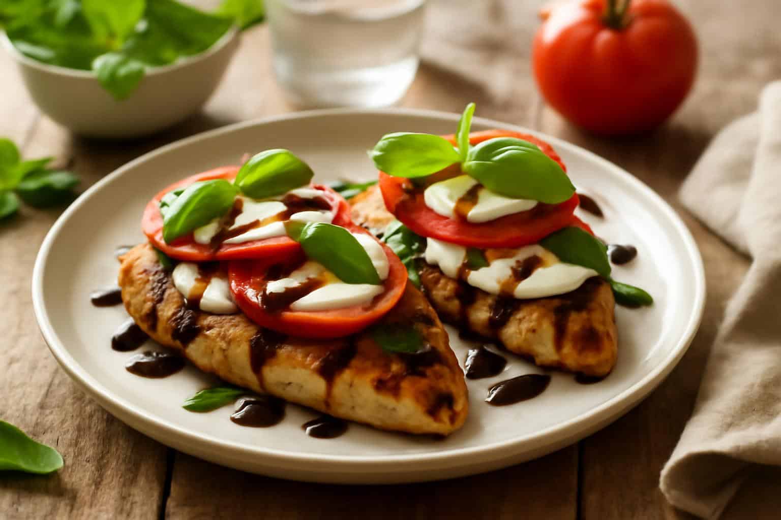 Grilled chicken caprese with fresh mozzarella, tomatoes, basil, and balsamic glaze on rustic plate
