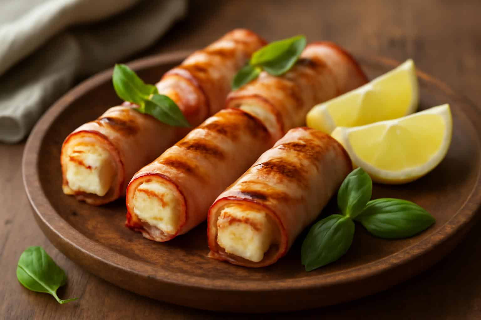 Grilled feta ham rolls appetizer garnished with basil and lemon wedges