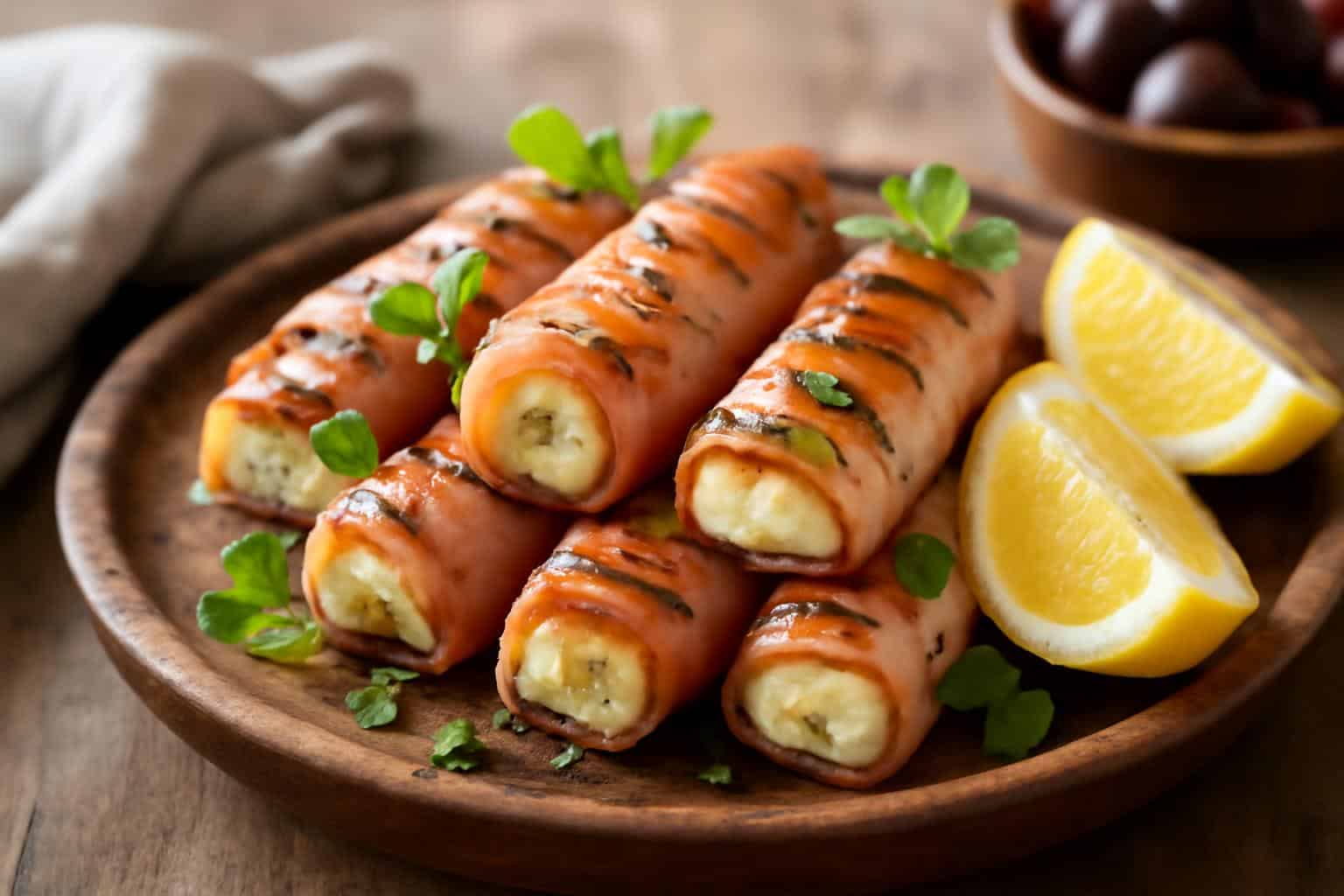 Grilled feta ham rolls with fresh herbs and lemon wedges, perfect grilled feta ham rolls snack