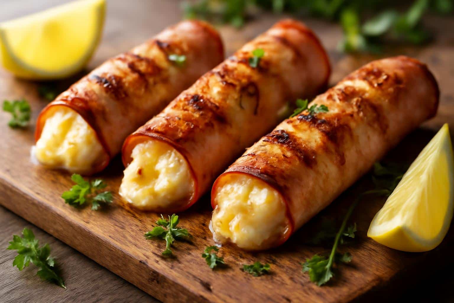 Grilled feta ham rolls appetizer on rustic board with herbs and lemon wedges
