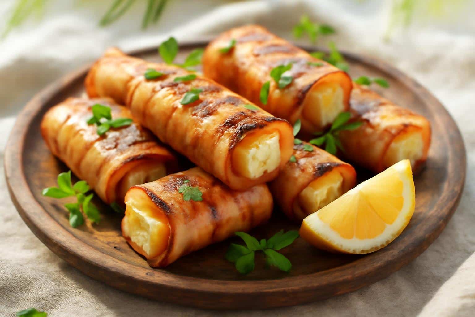 Grilled feta ham rolls appetizer served on a wooden platter with fresh herbs and lemon wedges