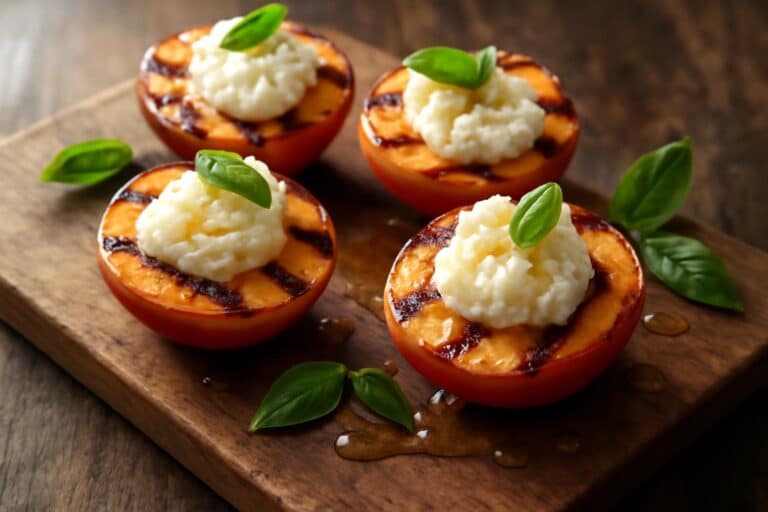 Grilled nectarines topped with burrata and honey drizzled on a rustic wooden board