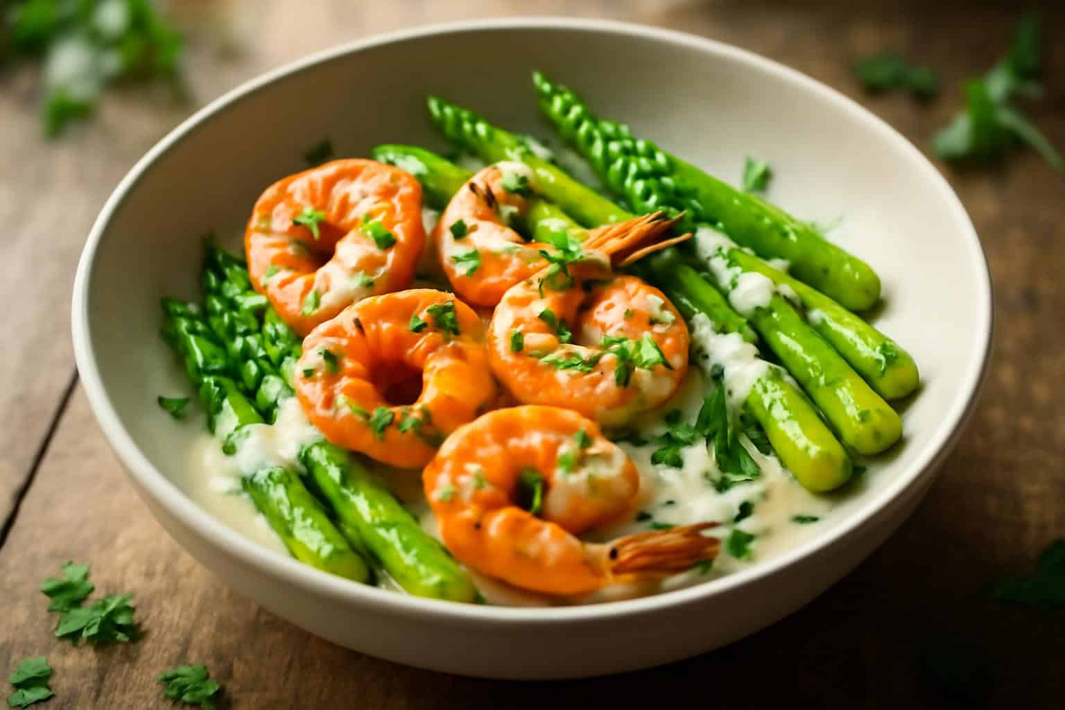 Grilled shrimp bowl with asparagus and creamy garlic sauce served in a bowl