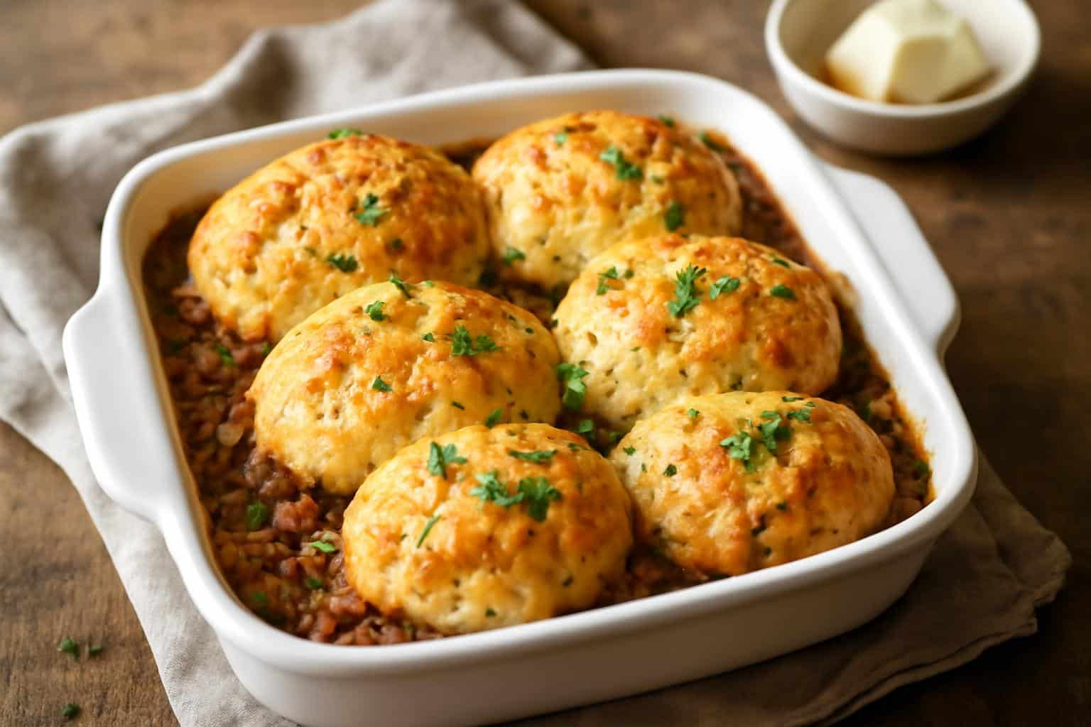 Golden cheddar bay biscuits topping a savory ground beef cobbler with fresh parsley garnish