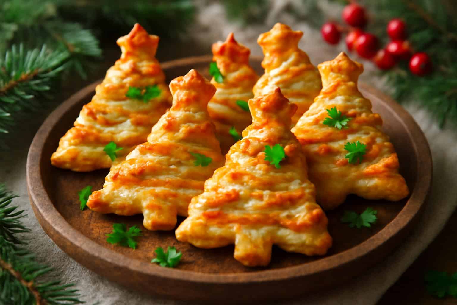 Ham cheese appetizer puff pastry Christmas trees with golden flaky crust and melted cheese