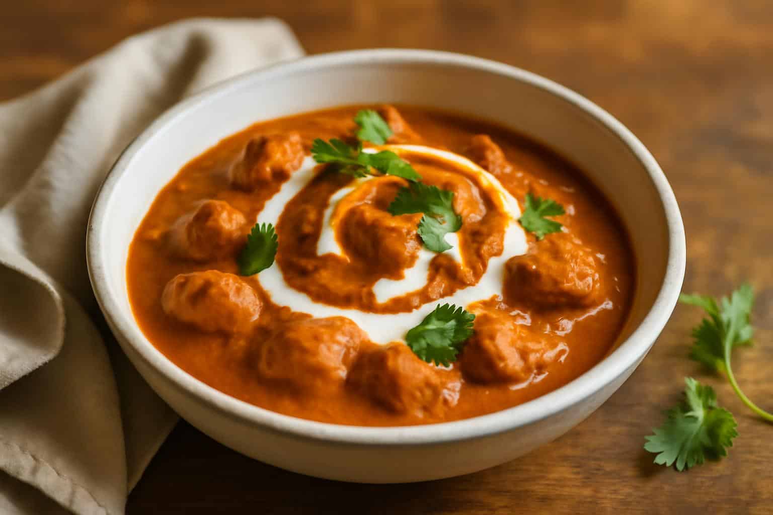 Hausgemachtes butter chicken in a bowl garnished with cilantro and cream swirl