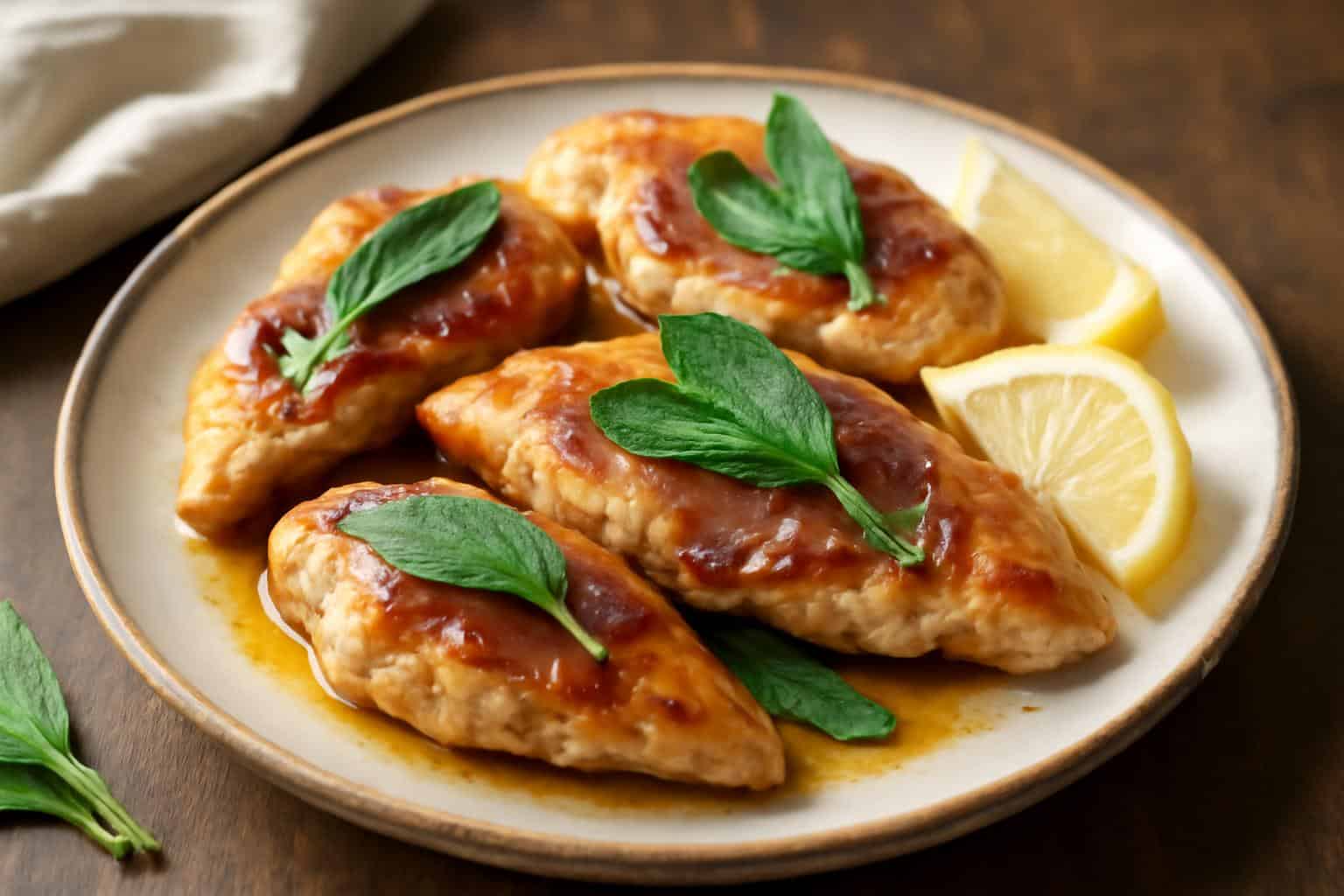 Healthy baked Italian chicken saltimbocca garnished with fresh sage and lemon wedges