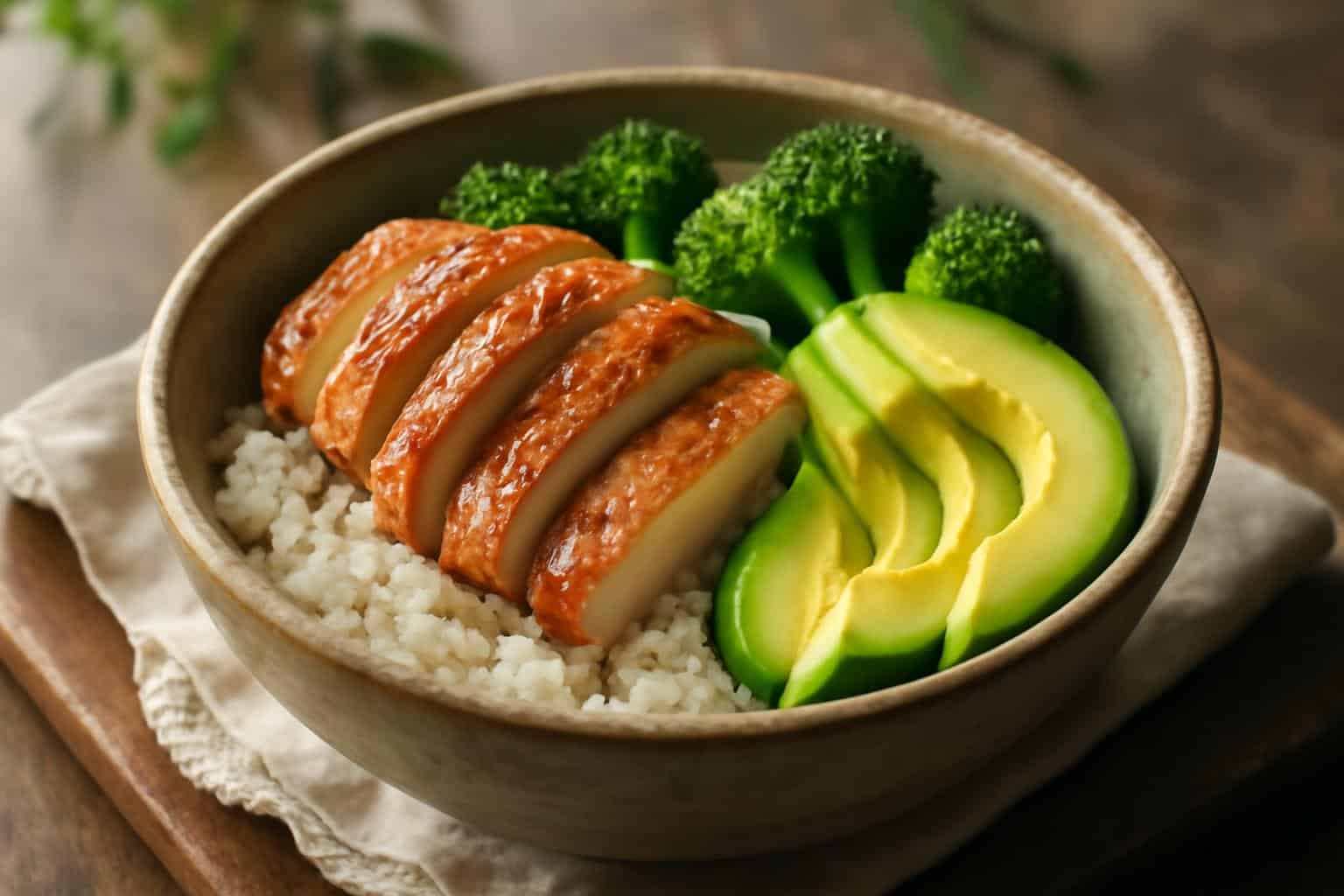 Healthy chicken rice bowl with avocado and broccoli, high protein meal prep