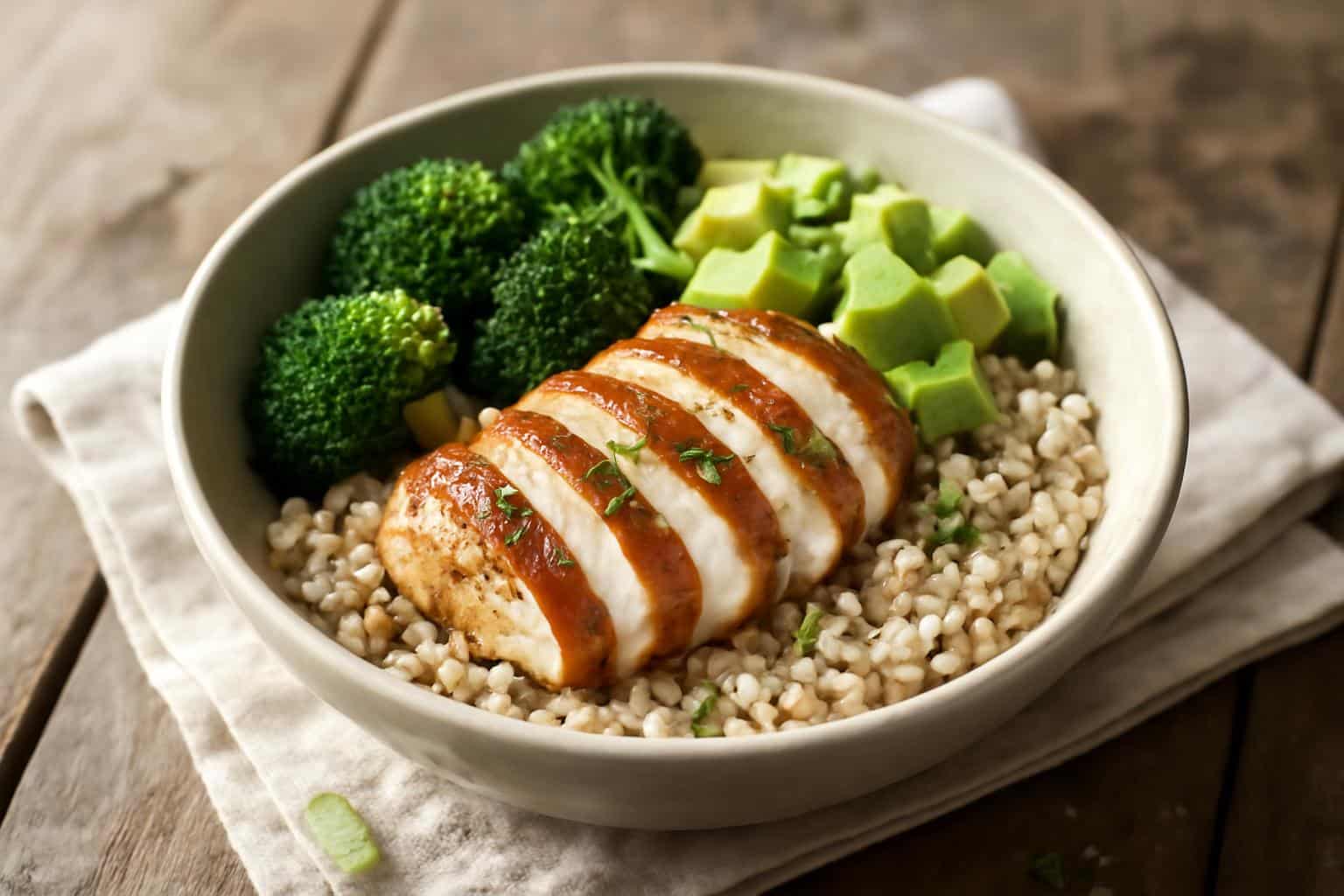 Healthy chicken rice bowl with avocado and broccoli high protein meal prep