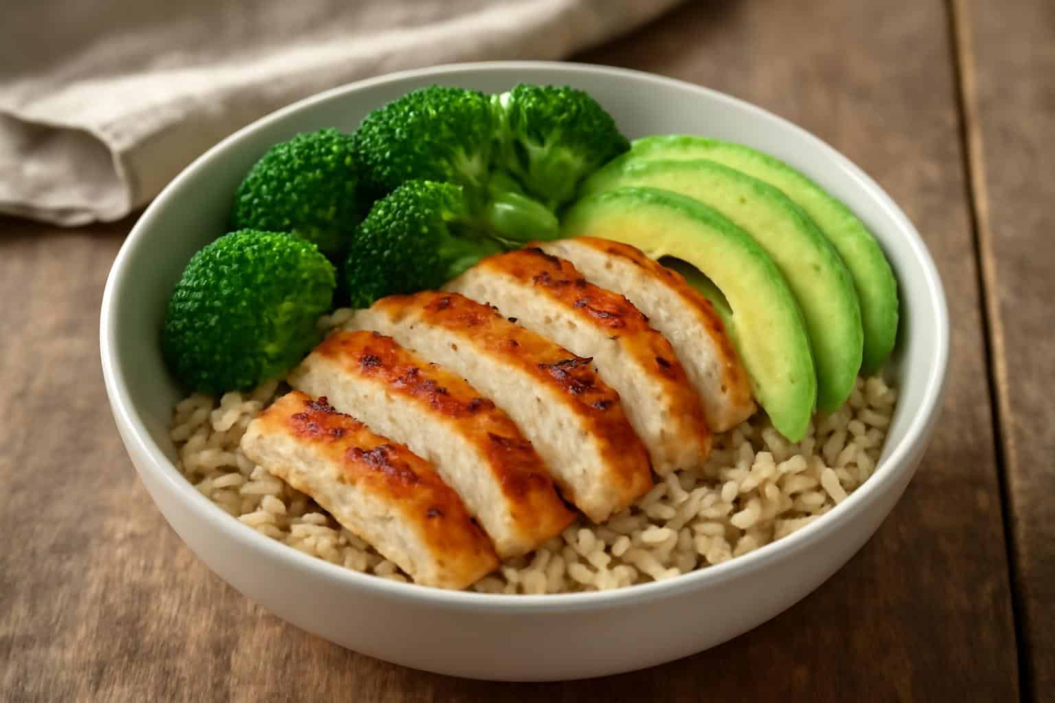Healthy chicken rice bowl with avocado and broccoli served over brown rice