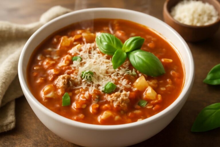 Bowl of healthy crockpot lasagna soup garnished with basil and cheese, crockpot lasagna soup
