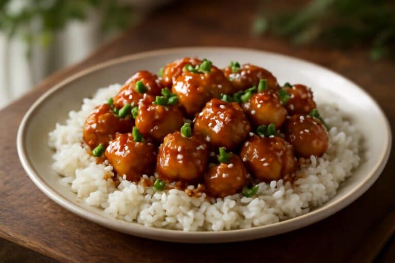 Honey garlic chicken bites glazed and served with white rice and green onion garnish