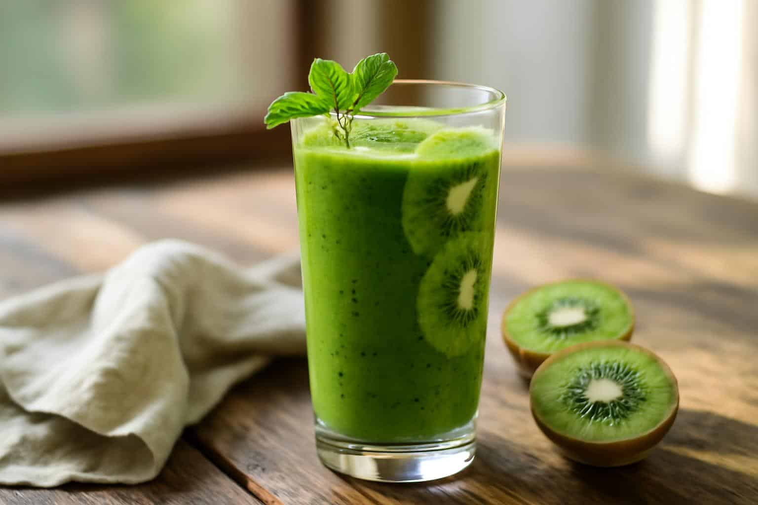 Healthy green smoothie with kiwi garnish, fresh and vibrant healthy smoothie recipes