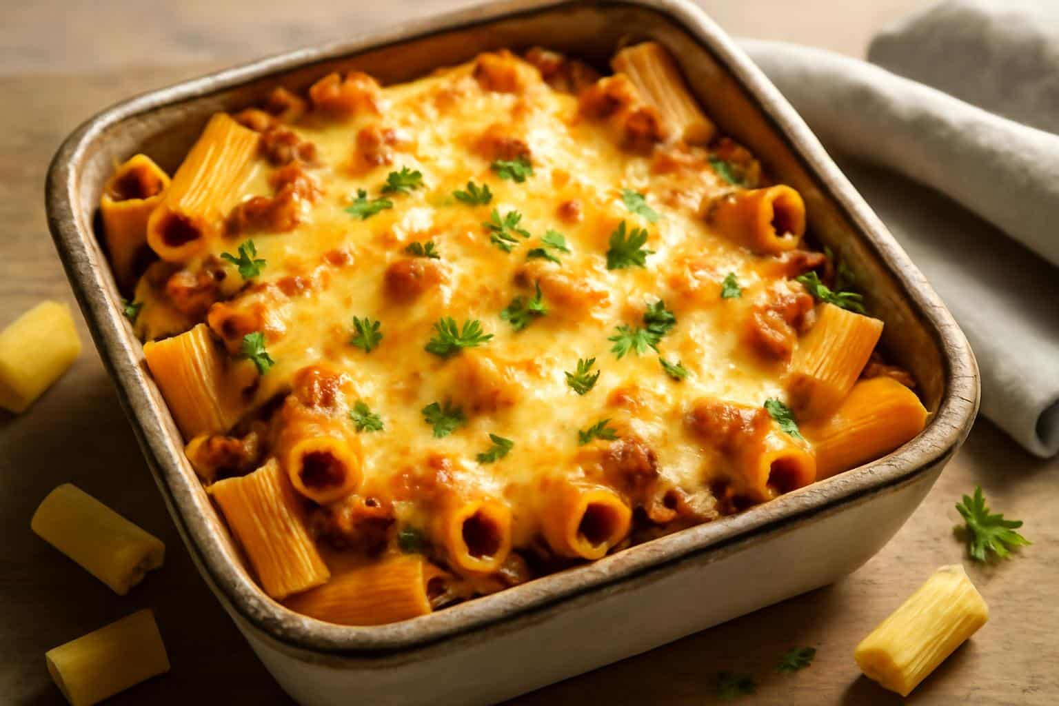 Hearty beef rigatoni cheese bake with melted cheese and fresh parsley garnish