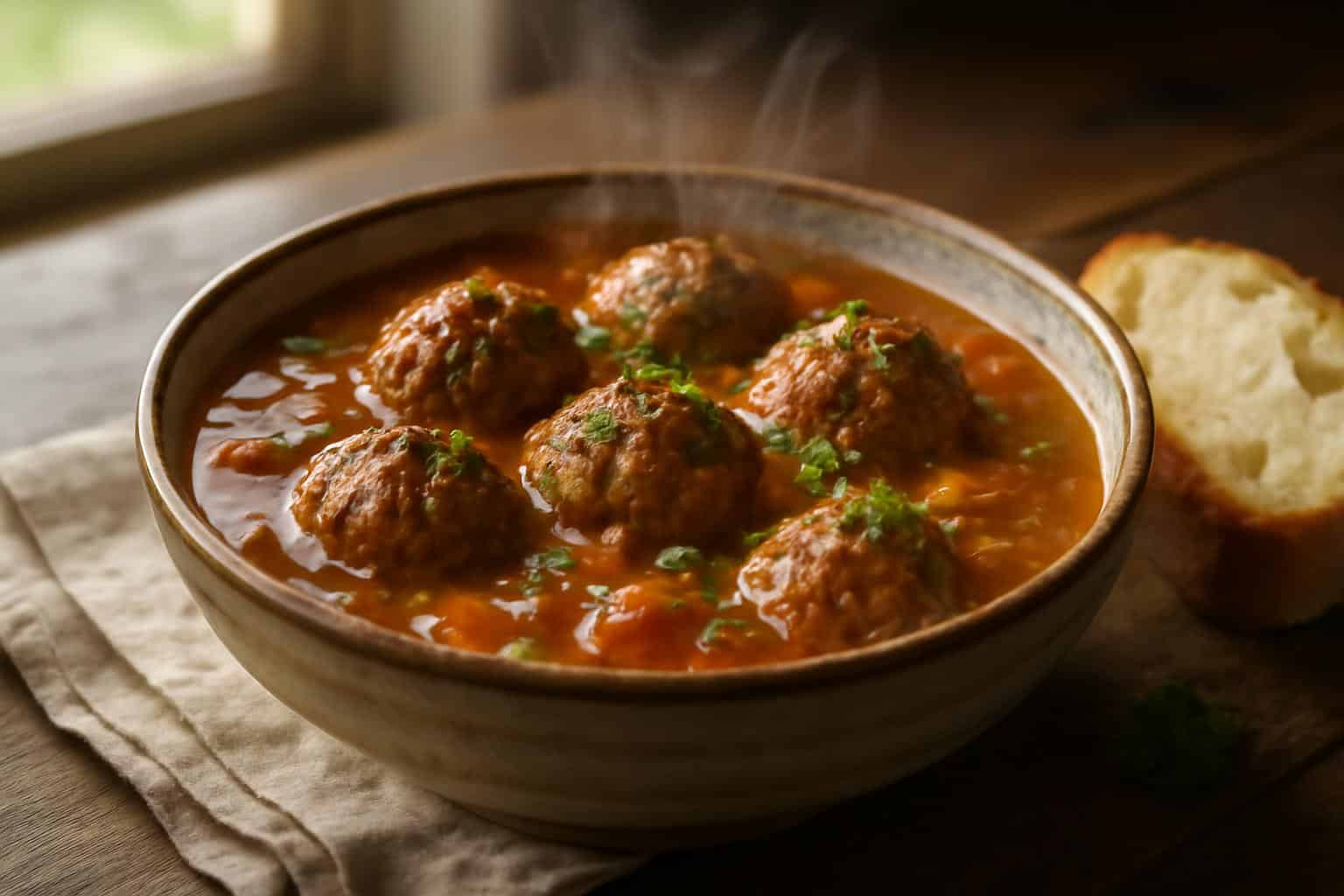 Bowl of spicy cajun meatball stew garnished with parsley and served with crusty bread