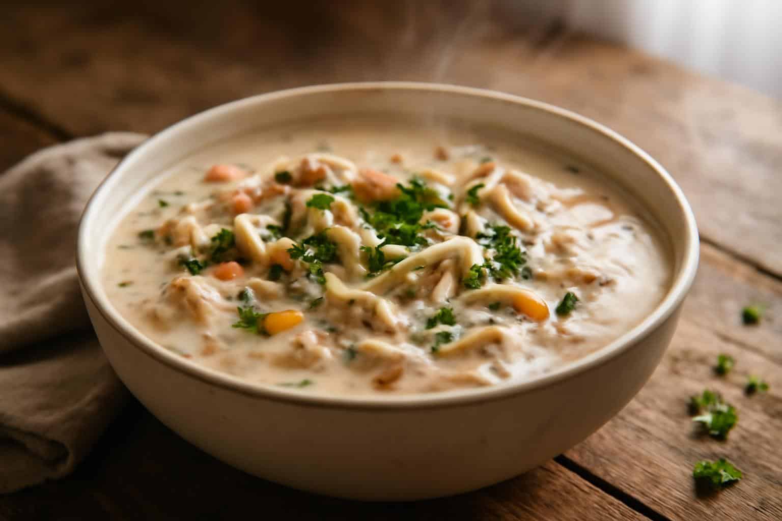 Hearty crockpot chicken soup with wild rice garnished with fresh parsley in a rustic bowl