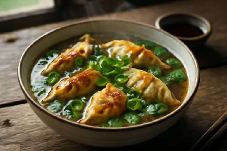 Hearty gyoza soup with golden dumplings and fresh green garnish in a bowl