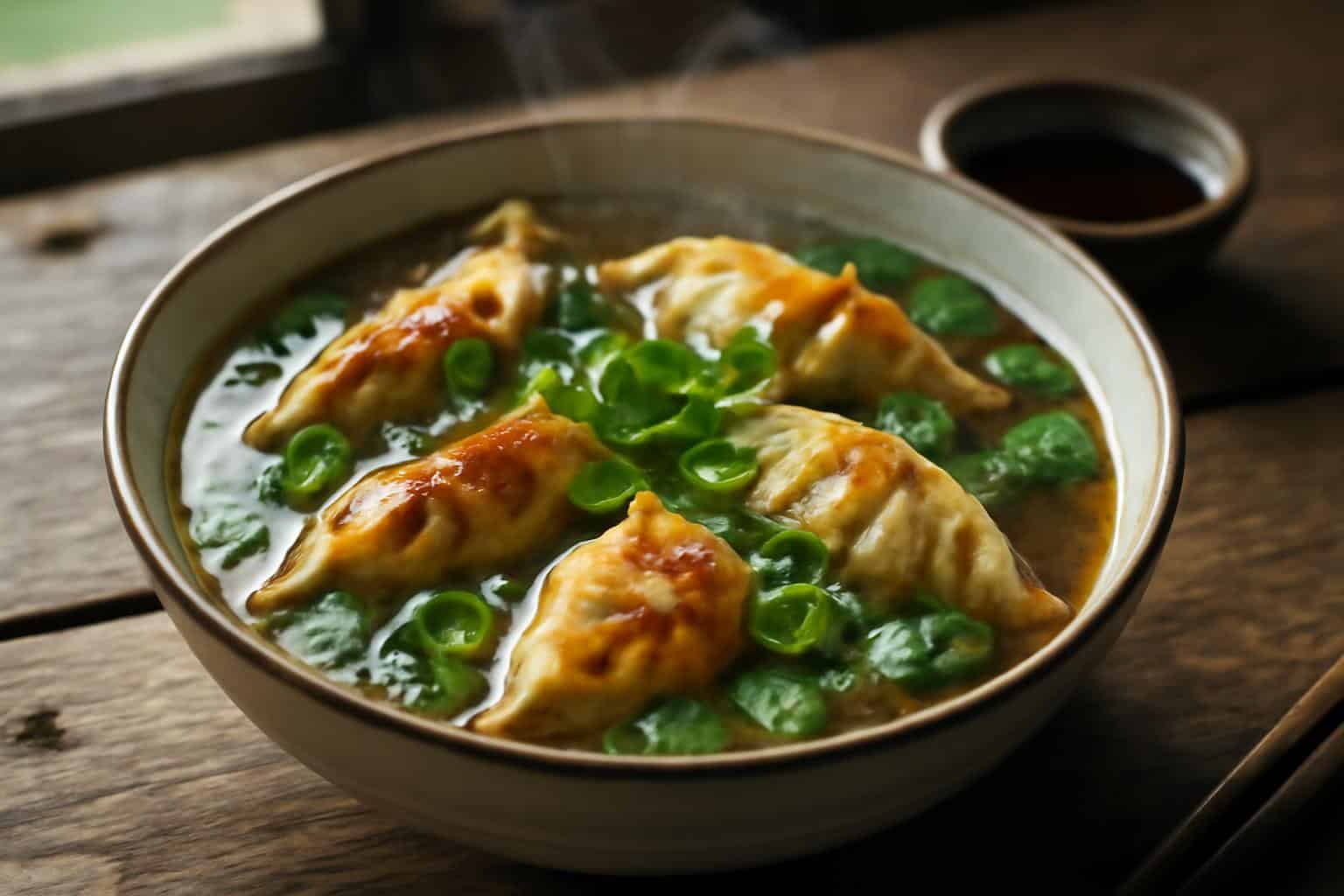 Hearty gyoza soup with golden dumplings and fresh green garnish in a bowl
