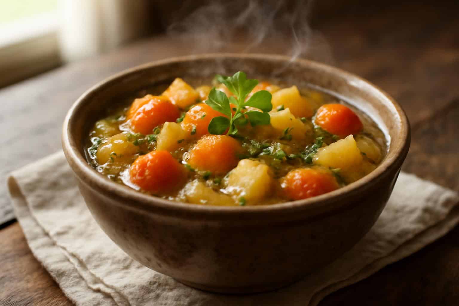 Hearty Irish vegetarian stew in a rustic bowl garnished with parsley