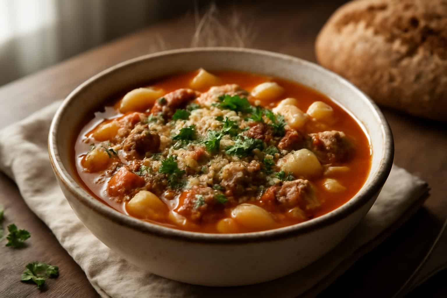 Bowl of hearty Italian sausage pasta soup garnished with Parmesan and parsley