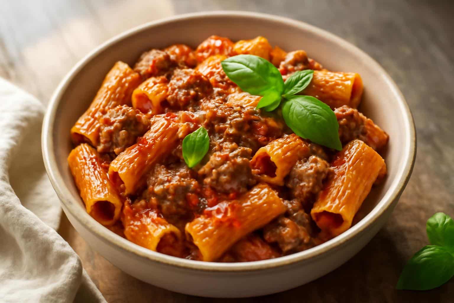 Hearty Italian sausage rigatoni pasta served in a bowl garnished with basil and Parmesan cheese
