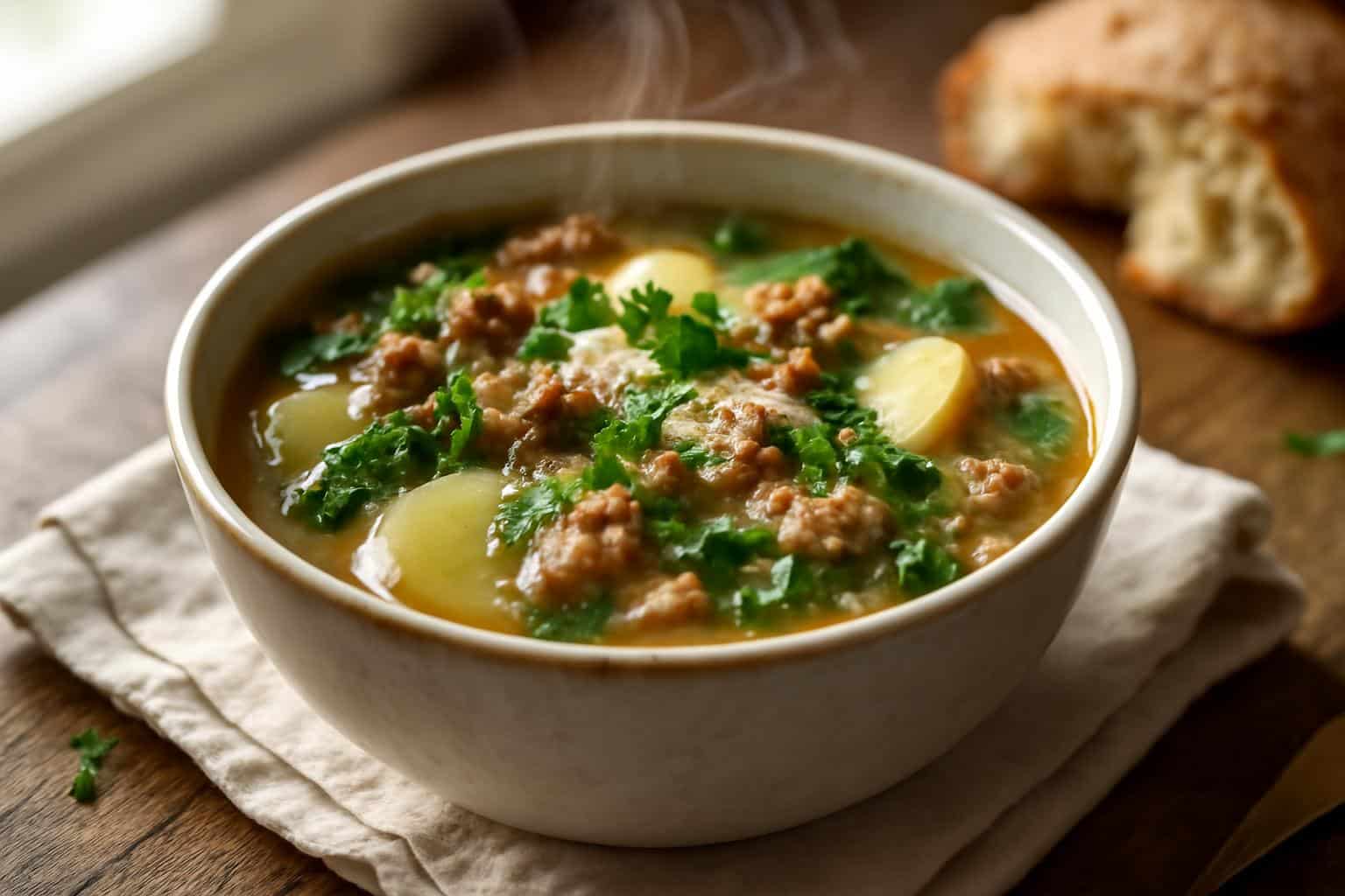 Hearty Tuscan sausage soup with potatoes and fresh herbs in a rustic bowl