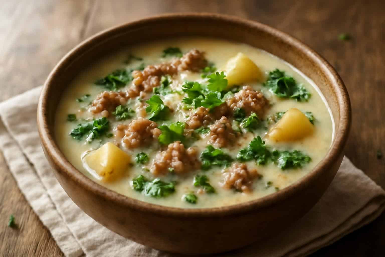 Hearty Tuscan sausage soup with potatoes and fresh parsley garnish in a rustic bowl