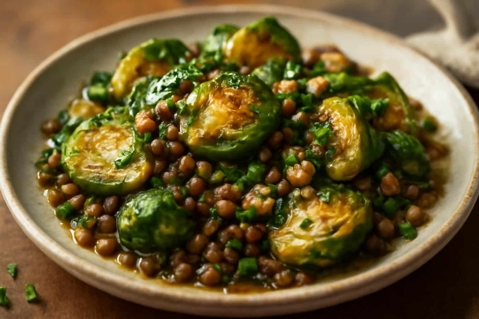 Warm brussels sprout salad with savory lentils and zesty dressing served on a rustic plate