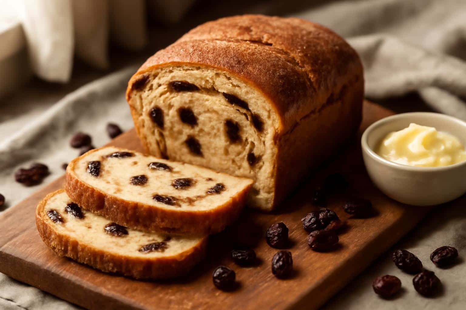 Freshly sliced cinnamon raisin bread loaf with visible raisins and cinnamon sugar topping