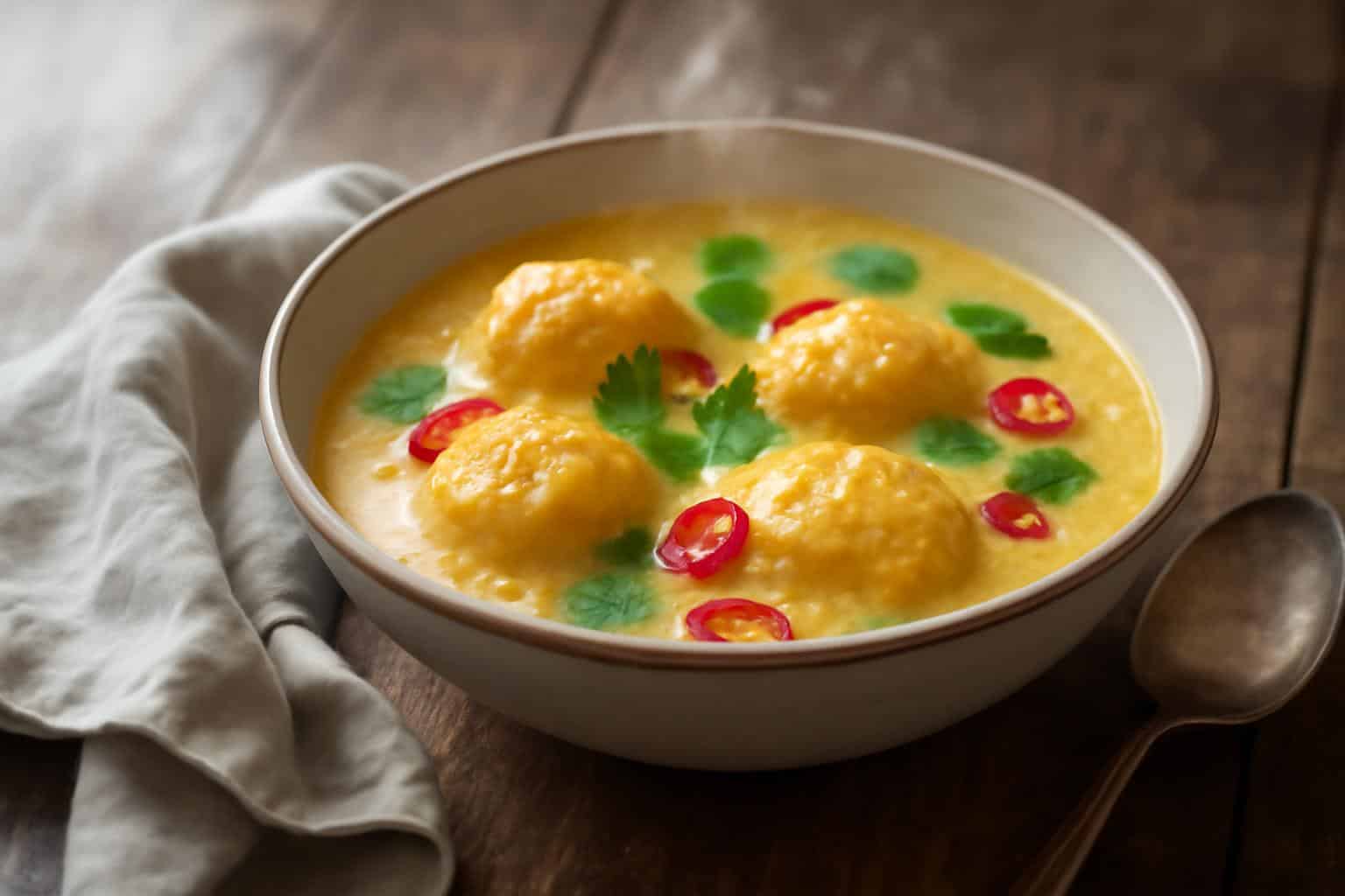 Bowl of coconut curry soup with flavorful dumplings garnished with cilantro and red chili