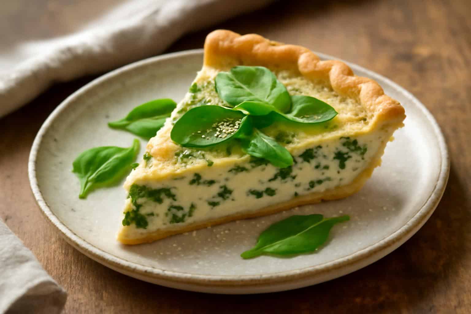Creamy spinach quiche slice with flaky crust and fresh spinach garnish