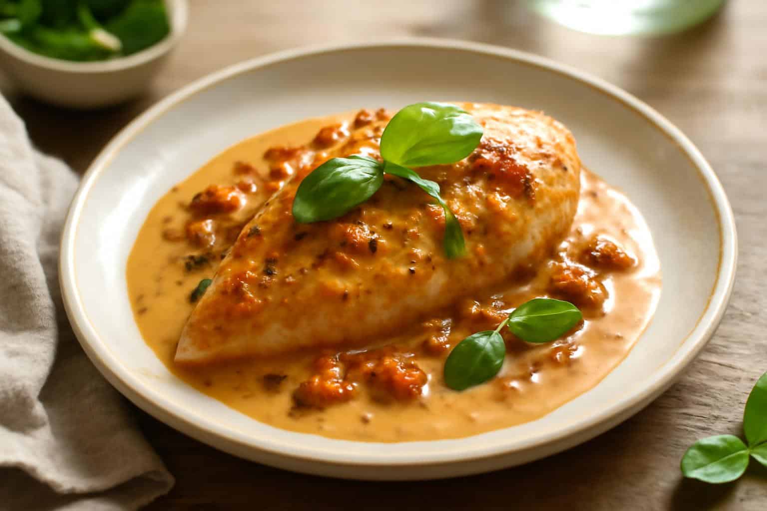Creamy marry me chicken on a plate garnished with basil and cracked pepper