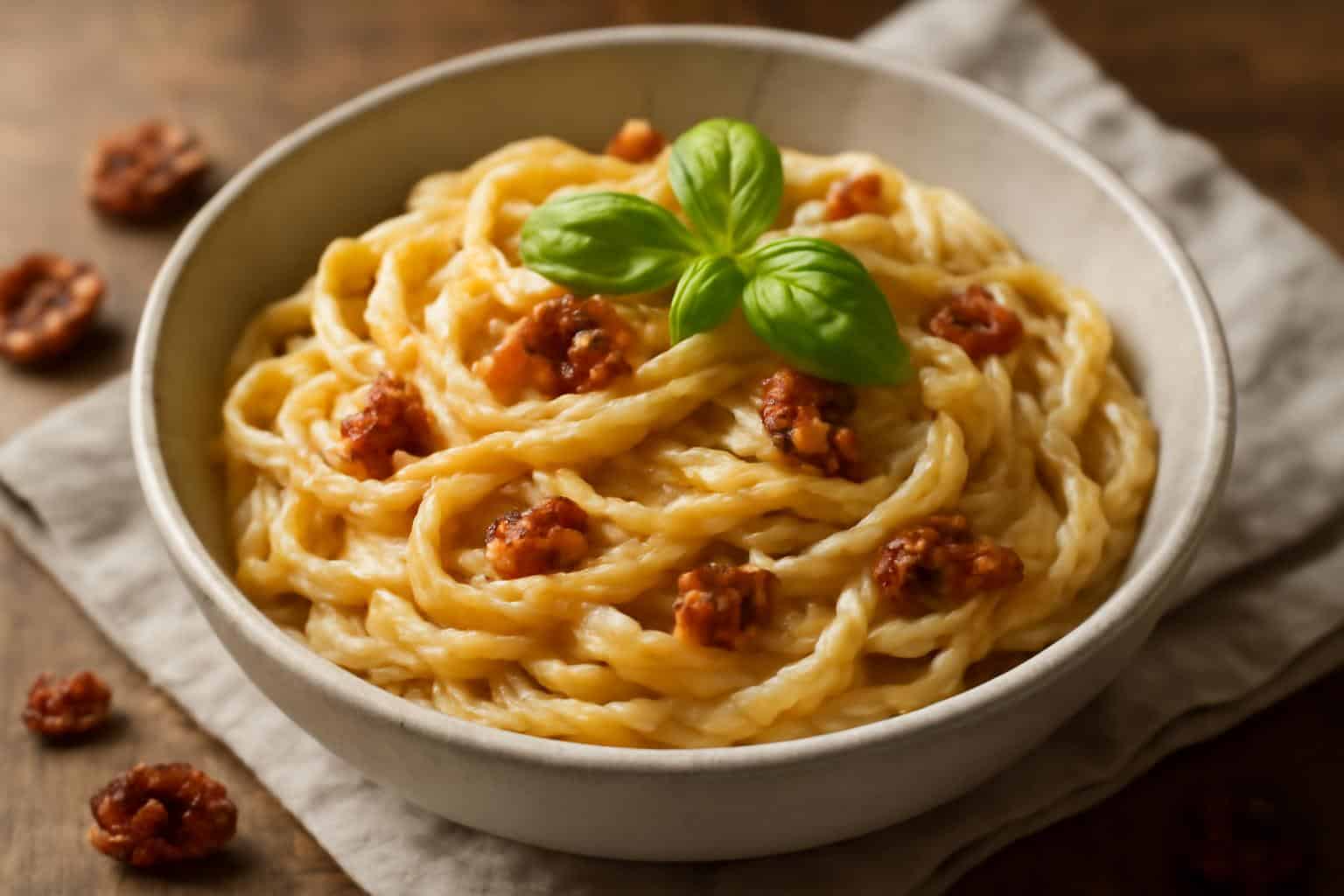 Creamy marry me pasta with sun-dried tomatoes garnished with fresh basil and black pepper