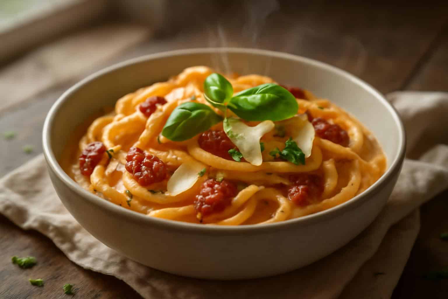 Creamy marry me pasta with sun-dried tomatoes garnished with fresh basil and Parmesan