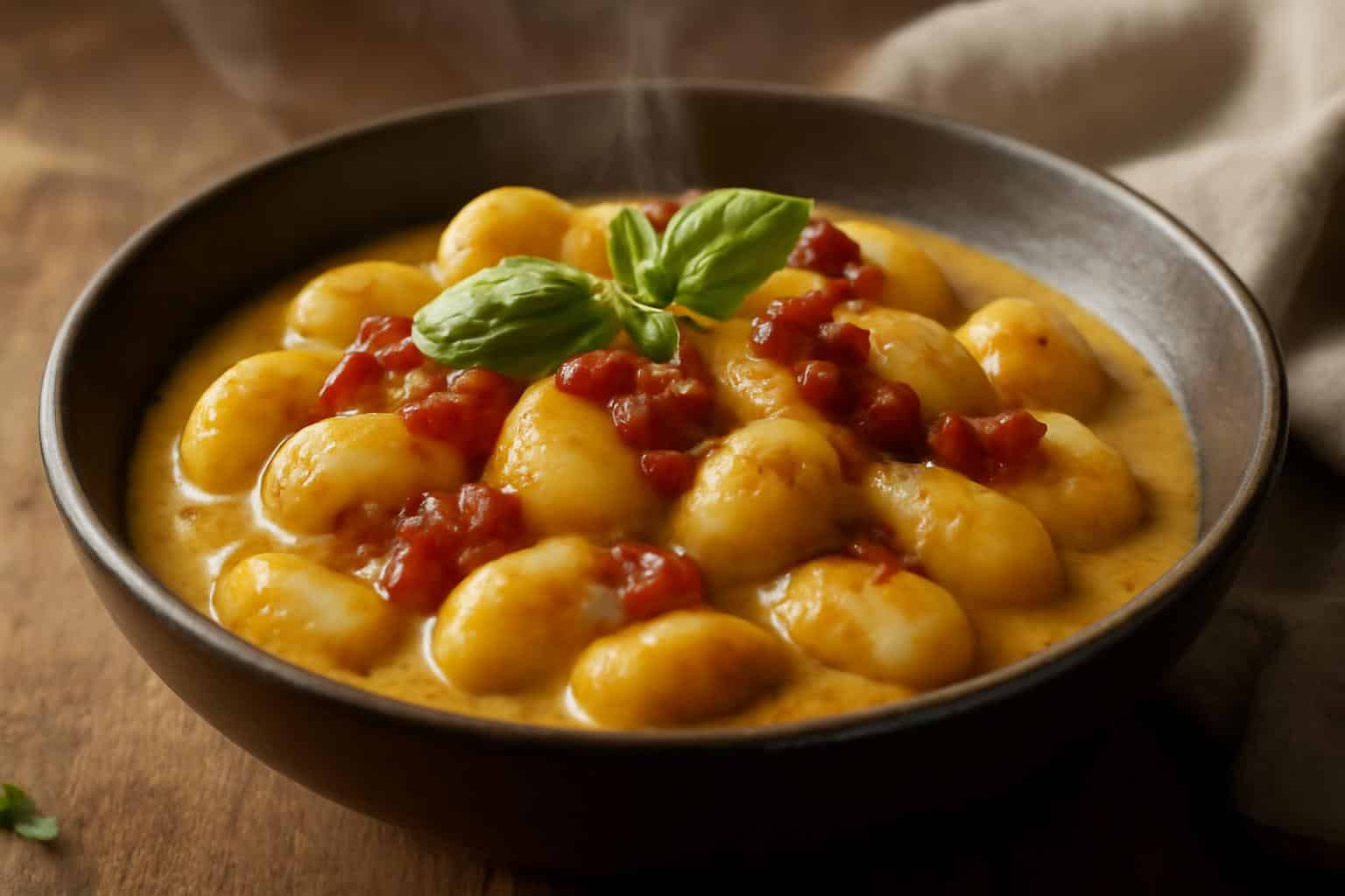 Heavenly millionaire gnocchi in creamy sauce garnished with basil and crispy pancetta