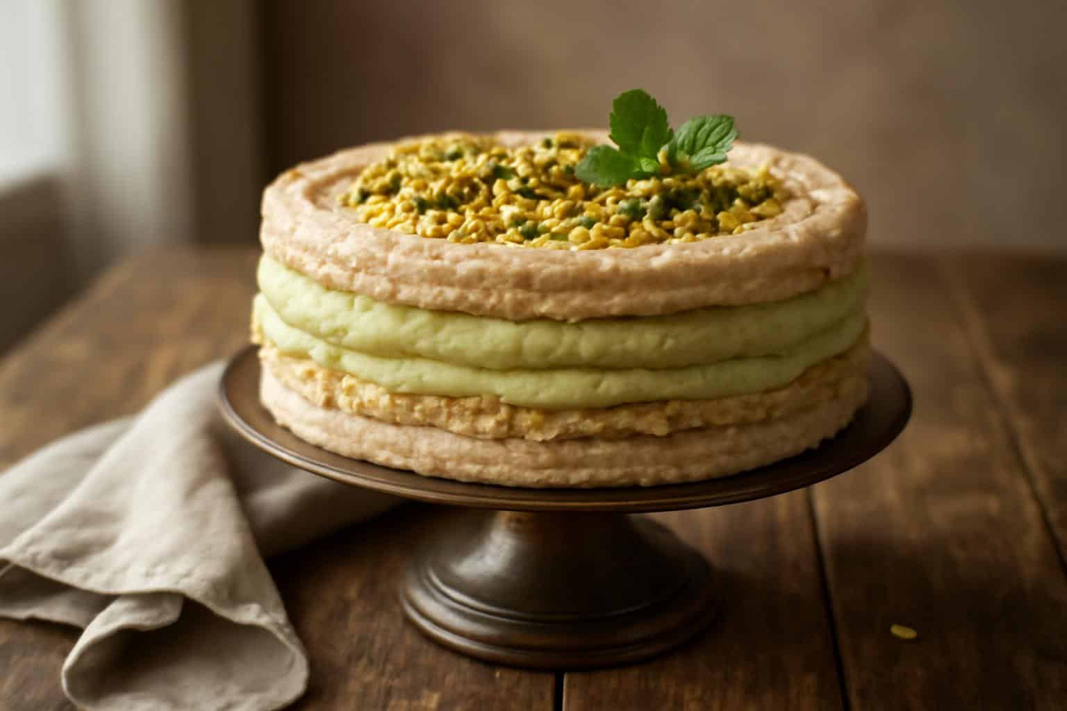 Close-up of pistachio dacquoise cake with creamy layers and crushed pistachio garnish