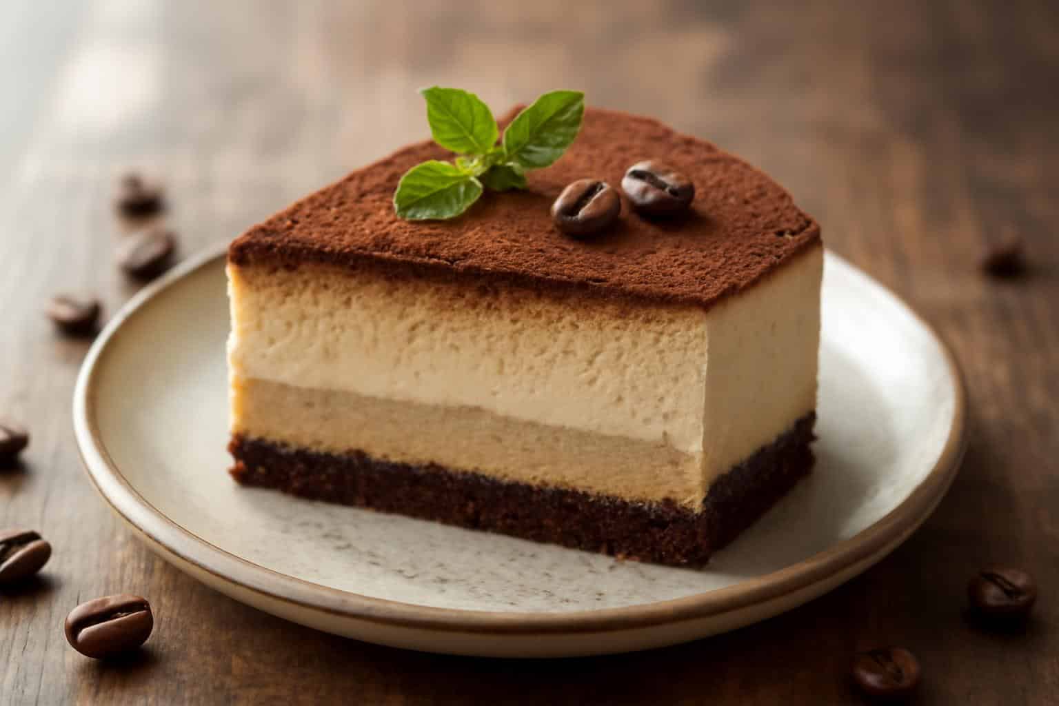Heavenly tiramisu cold brew cheesecake slice with cocoa dusting and mint garnish