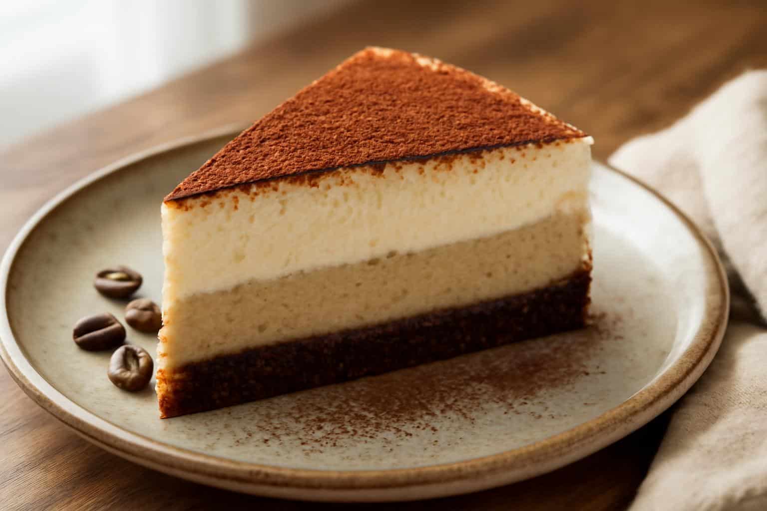 Slice of tiramisu cold brew cheesecake with cocoa dusting and coffee beans garnish