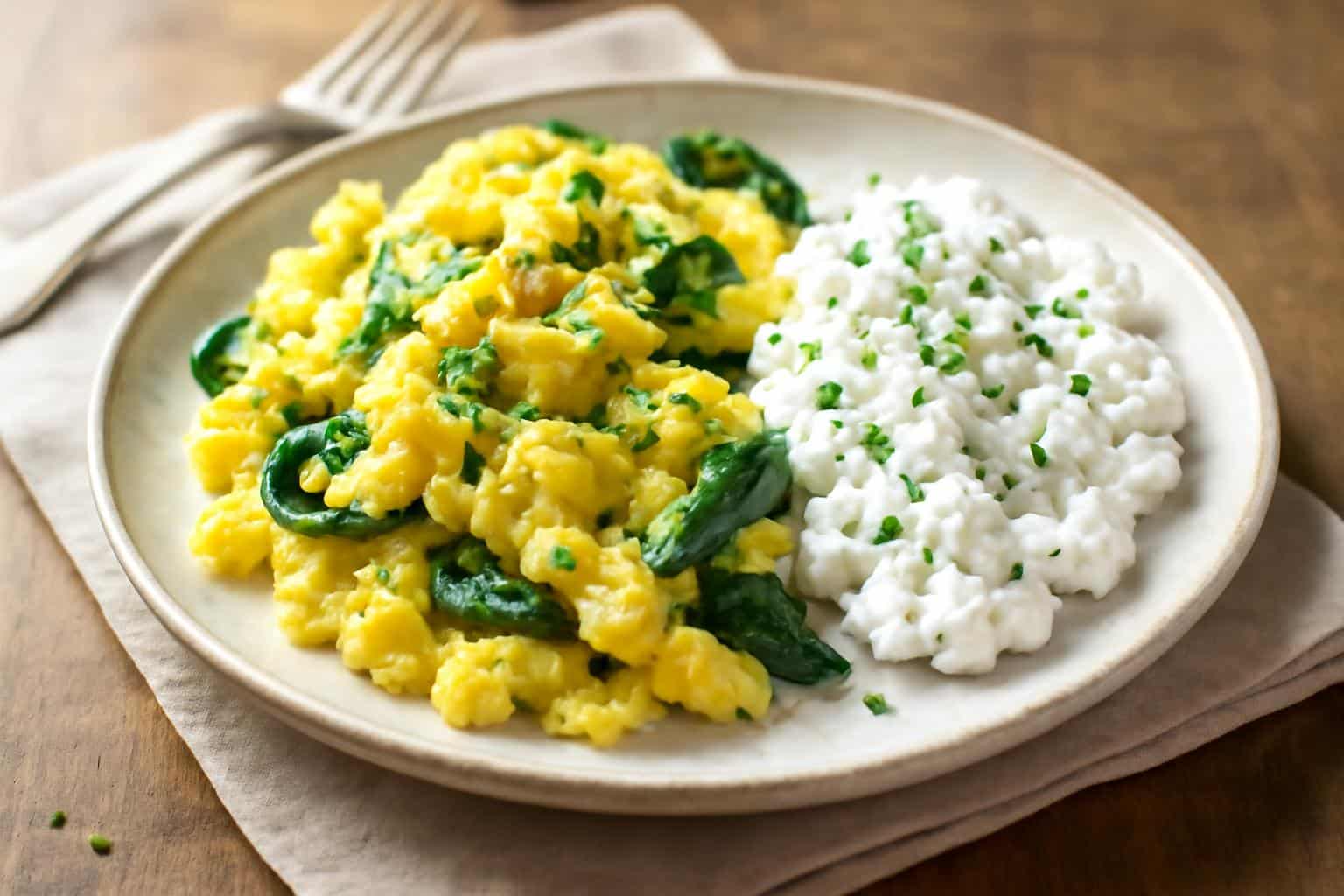 High-protein breakfast with scrambled eggs and spinach on a rustic plate