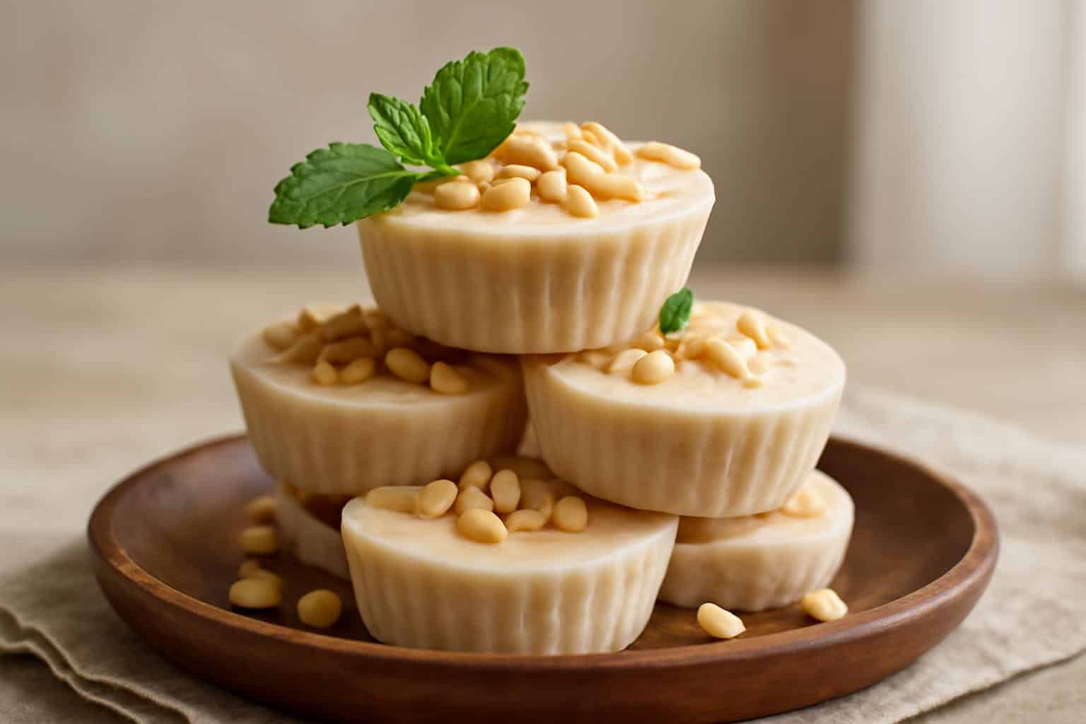Frozen peanut butter bites made with Greek yogurt stacked on a plate with peanut garnish