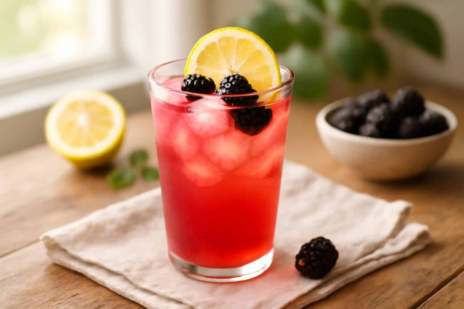 Glass of fresh blackberry lemonade garnished with lemon slice and blackberries