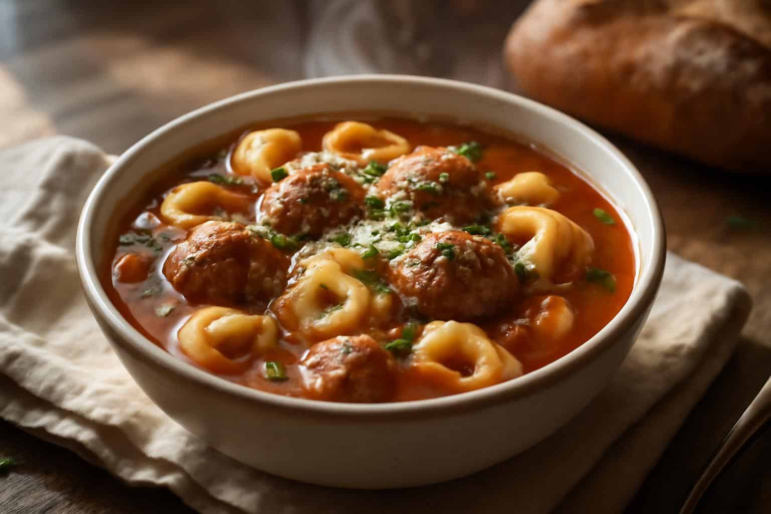 Hearty meatball tortellini soup in a bowl garnished with parsley and Parmesan cheese