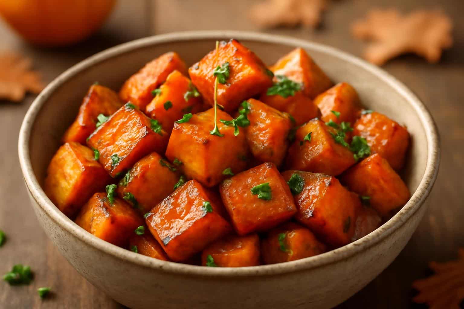 Honey roasted sweet potatoes garnished with parsley in rustic bowl, perfect Thanksgiving side dish