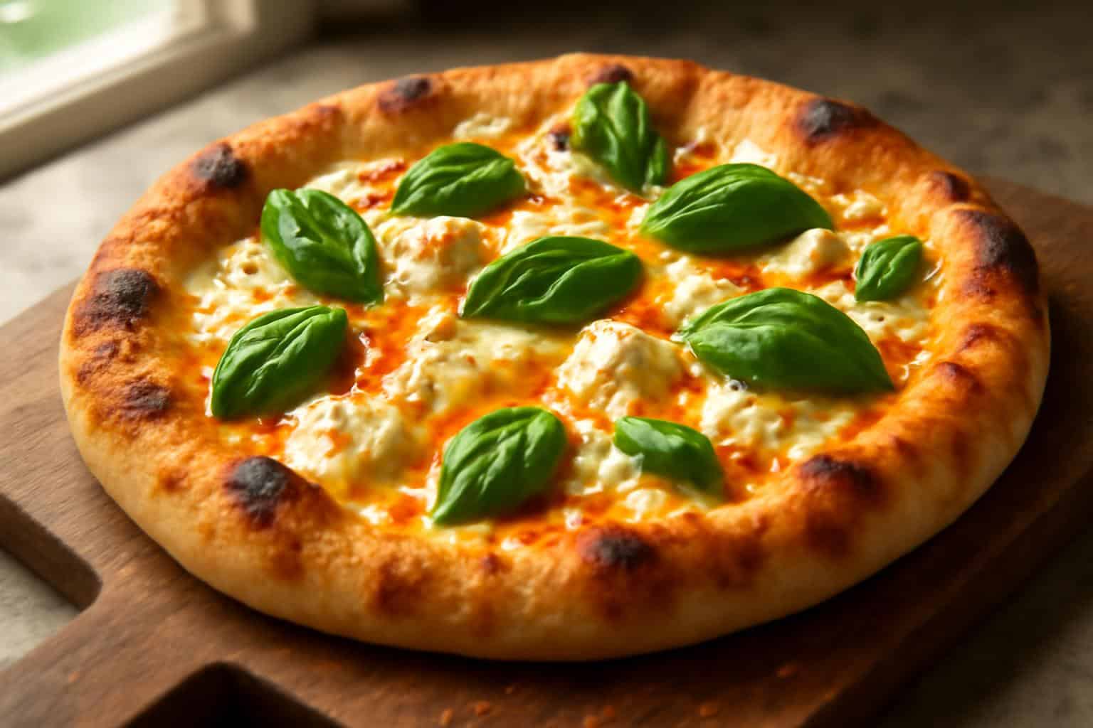 Hot honey ricotta pizza topped with fresh basil and drizzled honey