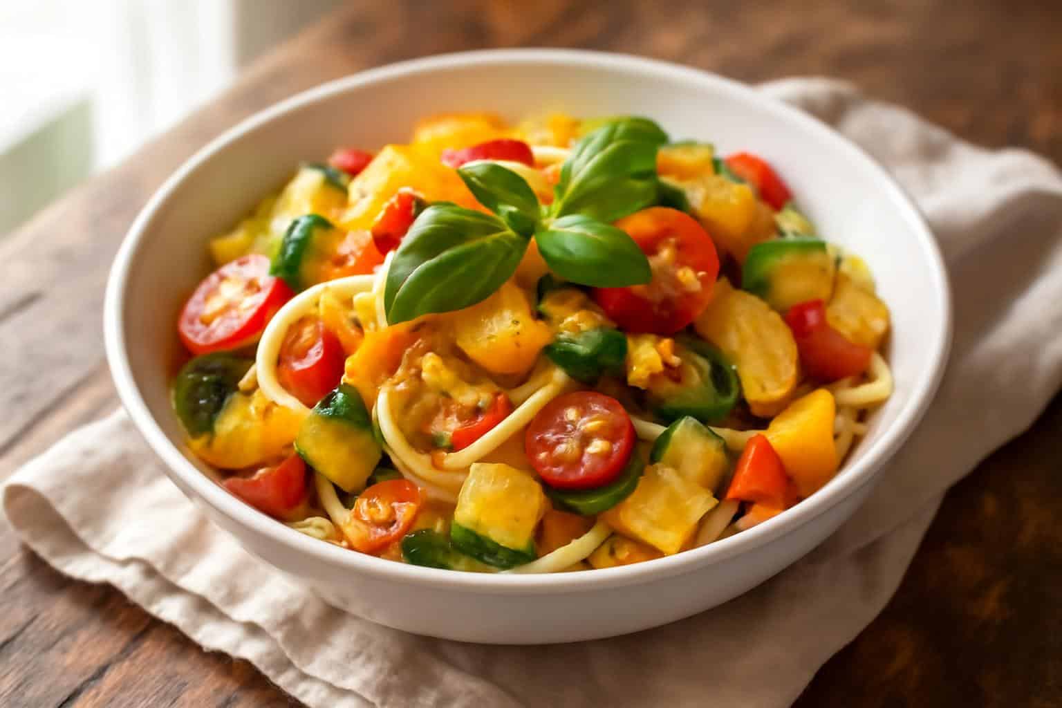 Fresh summer garden pasta with colorful vegetables and basil garnish
