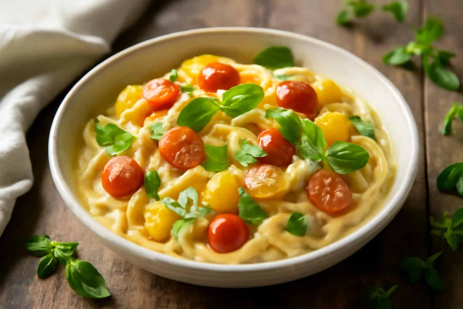 A bowl of summer garden pasta with fresh tomatoes and basil, showcasing a vibrant summer garden pasta dish